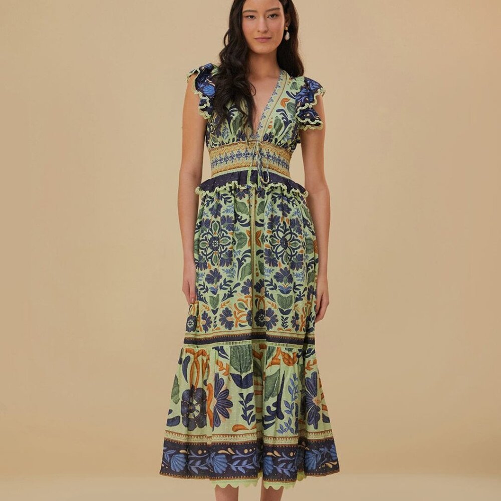 FARM Rio Floral Maxi Ocean Tapestry Dress - Blue and Green NWOT XS